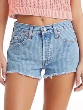 Levi’s 501 Original High Rise Pinstripe Denim Shorts 29 Raw Hem Festival NWT
